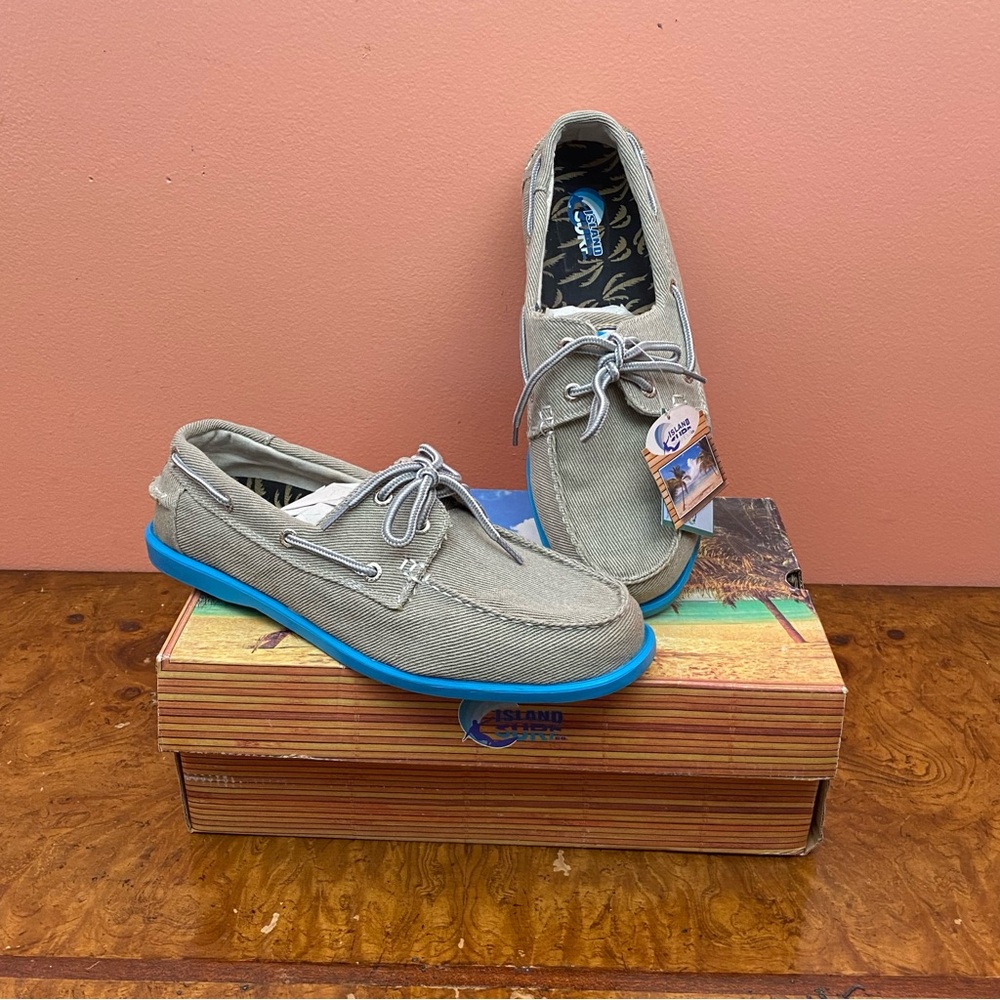 Island Surf Men's Size 9.5M Boat Deck Shoes Casual Lace Up Gray Blue Fabric